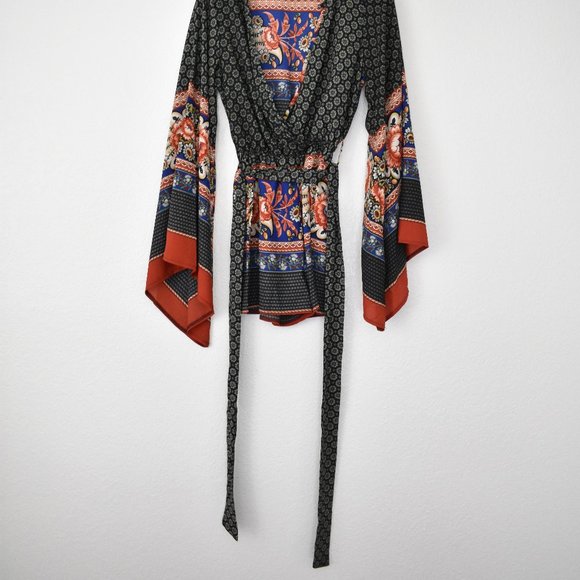 Missguided Mixed Print Bell Sleeve Wrap Romper - Picture 4 of 12